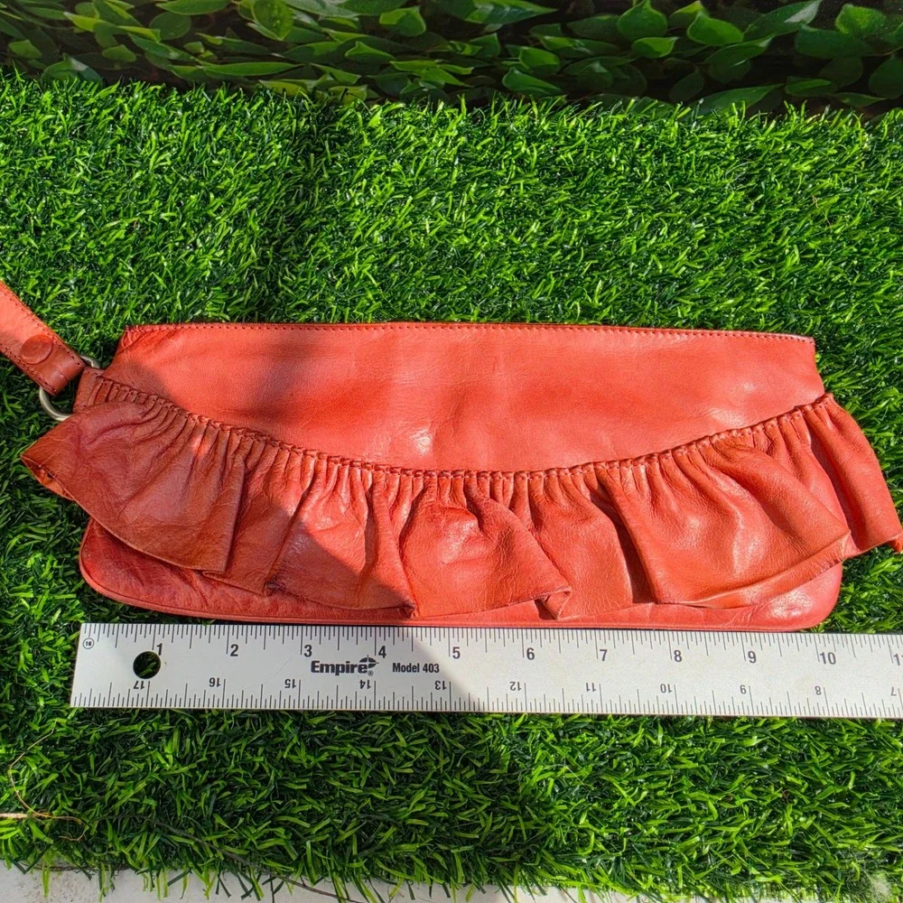Hobo International Orange Red Ruffle Leather Wristlet Clutch Bag